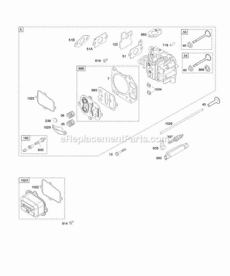 Cylinder Head Diagram and Parts List for  Briggs and Stratton Engine